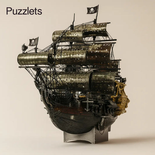 Pirate ship model with 'Puzzlets' branding on a beige background