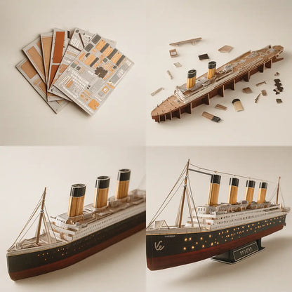Model ship kit with unassembled model and printed parts on a neutral background