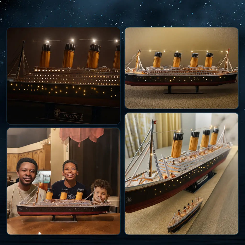Collage of Titanic models and a family with a model ship on a table.