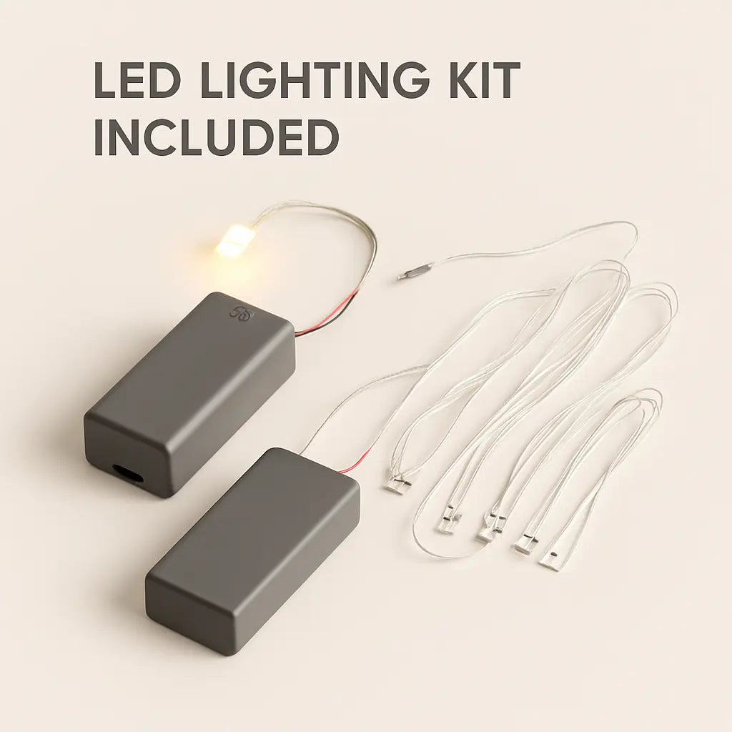 LED lighting kit components on a beige background with text 'LED LIGHTING KIT INCLUDED'.