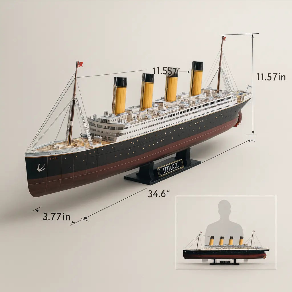 Model of the Titanic with dimensions indicated on a light gray background