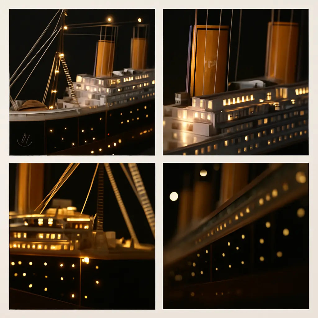 Collage of a model ship with detailed lighting effects on a dark background
