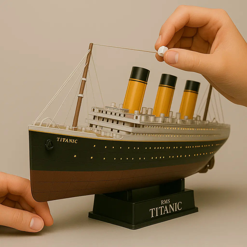 Model of the RMS Titanic held by a hand against a beige background