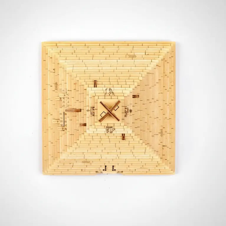 Wooden puzzle with a geometric design on a light gray background